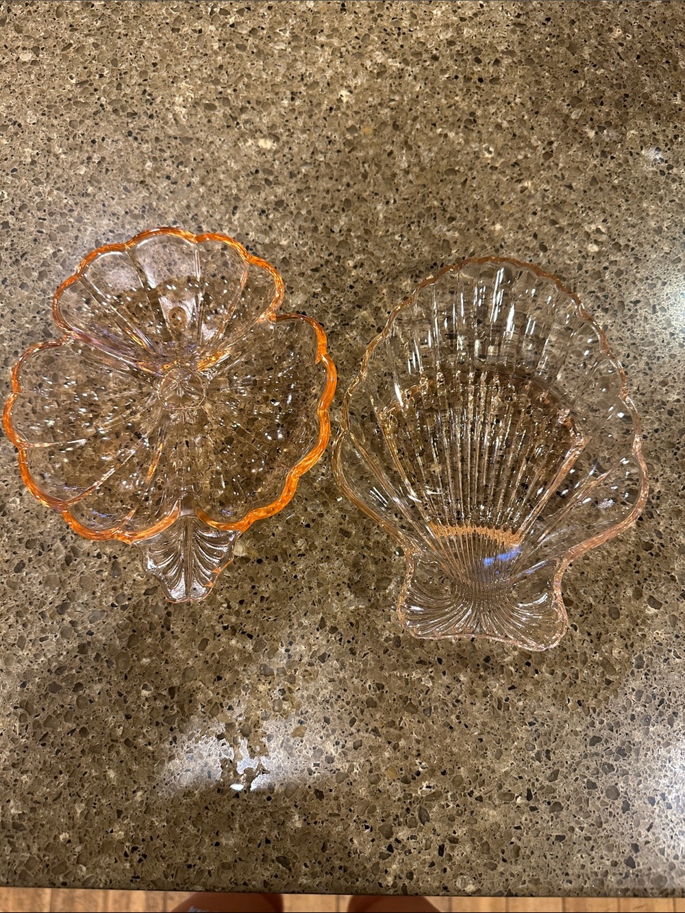 Depression Glass Shell Dishes with Orange Rim Accent